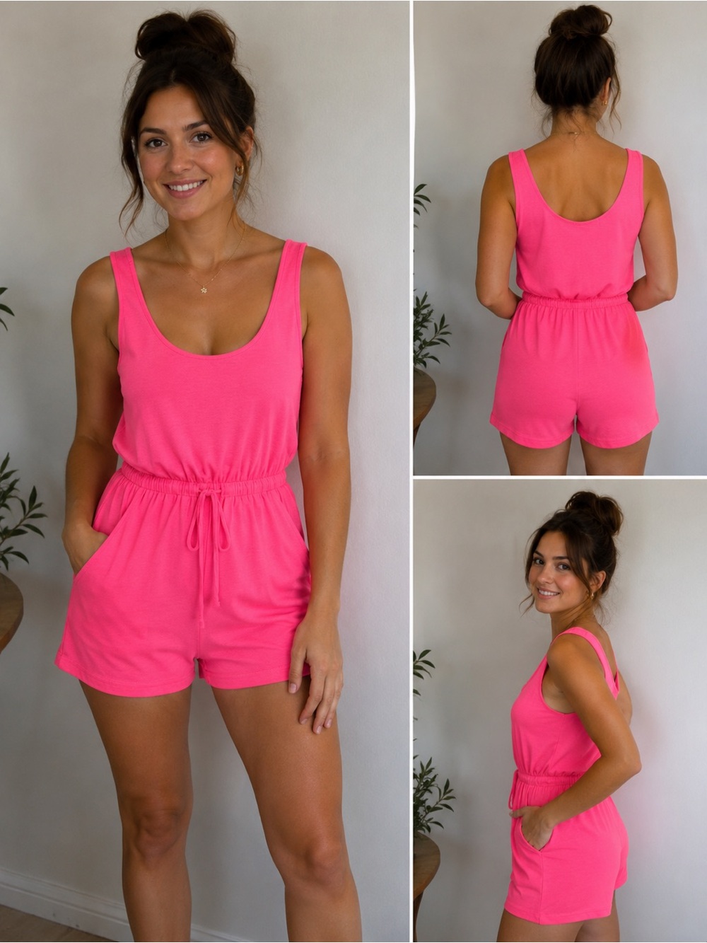 REORIA Neon Pink Sleeveless Tank Romper Elastic Waist Pockets Size Small